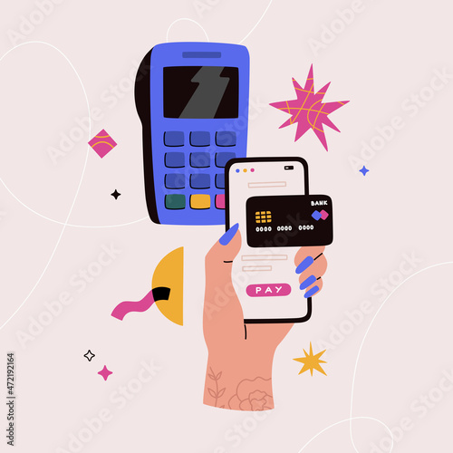 Credit card in mobile wallet, pay with pos-terminal. Payment and electronic finance. Contactless money transfer, online shopping, banking. Hand drawn vector illustration in flat style, abstract shapes