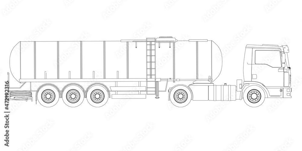 Contour of a tank truck for transportation of gasoline from black lines isolated on a white background. Truck with a tank for the transport of goods. Side view. Vector illustration