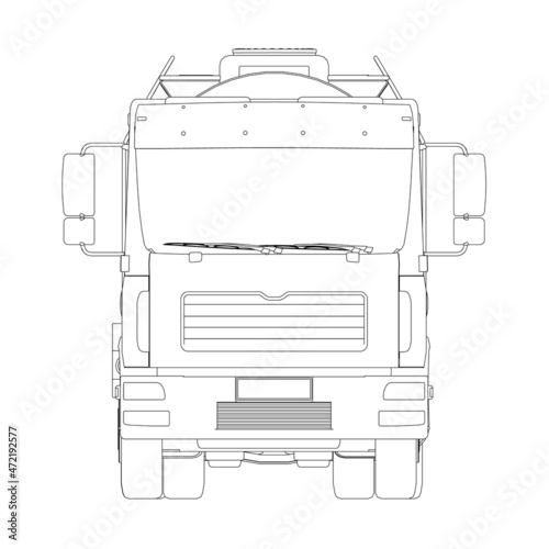 Contour of a tank truck for transportation of gasoline from black lines isolated on a white background. Truck with a tank for the transport of goods. Front view. Vector illustration