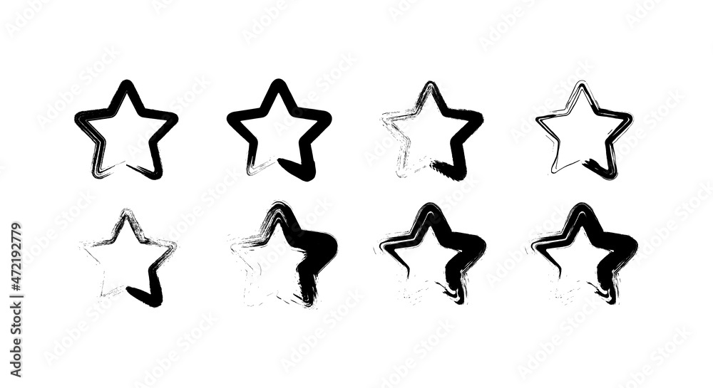 Set of black hand drawn vector stars in doodle style on white background. Could be used as pattern or standalone element. Brush marker sketchy