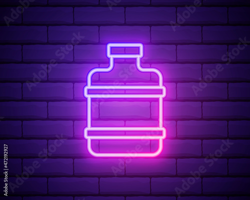 Glowing neon Big bottle with clean water icon isolated on brick wall background. Plastic container for the cooler. Vector
