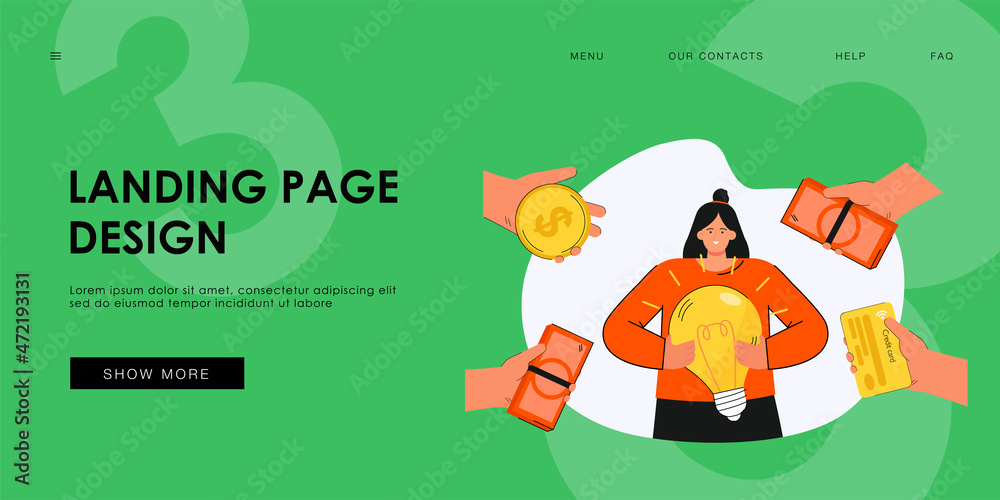 Fototapeta premium Woman surrounding by hands with money holding light bulb. Girl having creative idea how to earn cash flat vector illustration. Income, earning concept for banner, website design or landing web page.