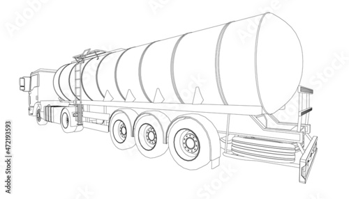Contour of a tank truck for transportation of gasoline from black lines isolated on a white background. Truck with a tank for the transport of goods. Perspective view. Vector illustration