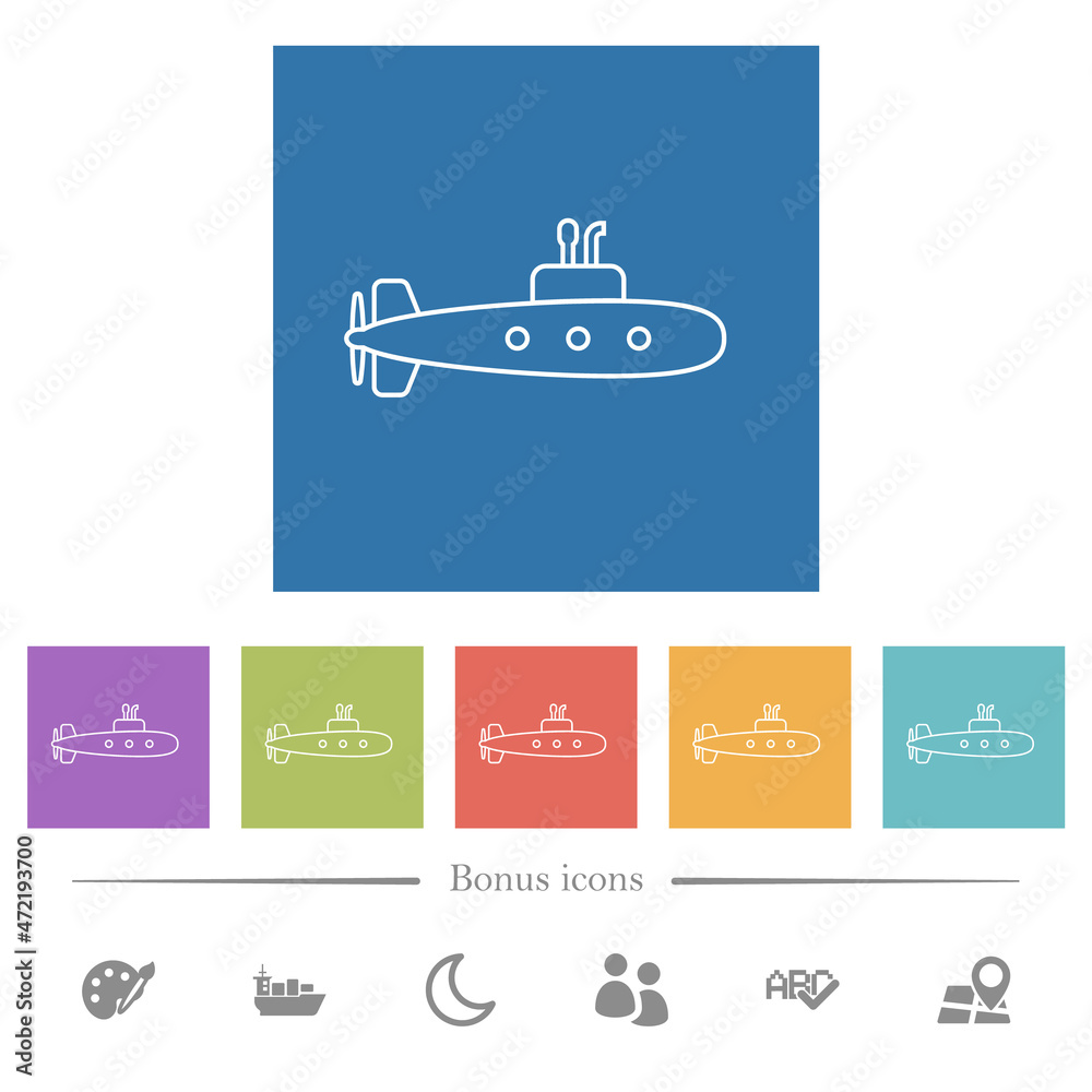 Submarine outline flat white icons in square backgrounds Submarine outline flat white icons in square backgrounds