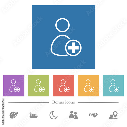 Add new user flat white icons in square backgrounds