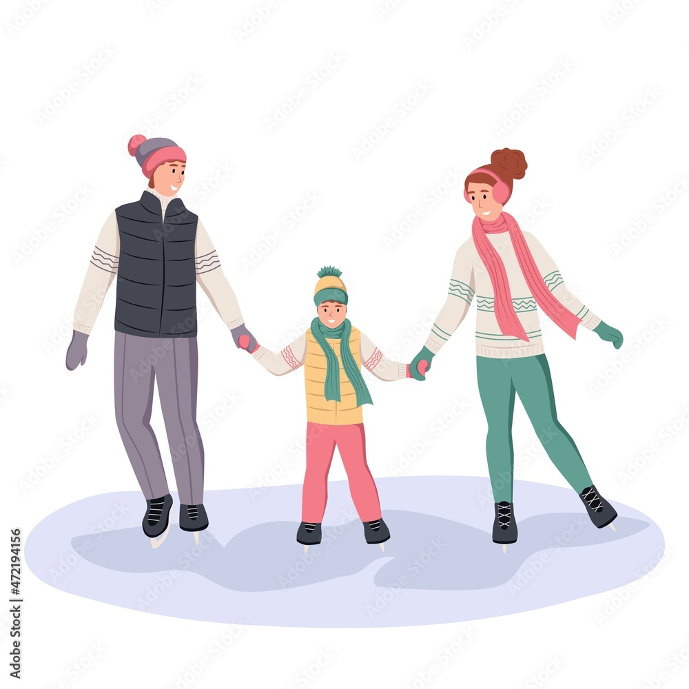 The family is skating at the ice rink. Dad, mom and son have fun in winter. Flat vector illustration The family is skating at the ice rink. Dad, mom and son have fun in winter. Flat vector illustration