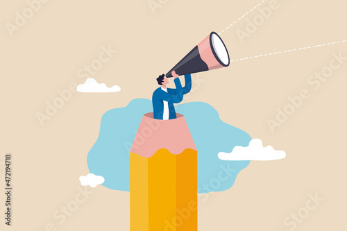 Creative searching for idea or inspiration, research or imagination for designer and writer, discover creativity, content or solution concept, creative man open pencil use as telescope to see vision.