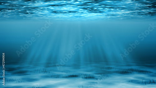 Realistic illustration of underwater world background with sunlight rays. Undersea background.