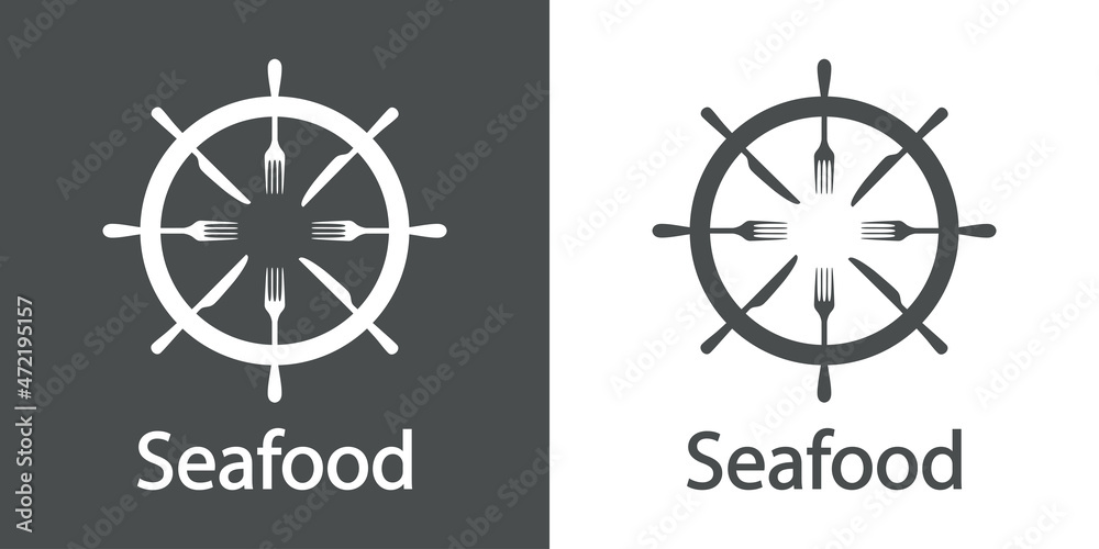 Obraz premium Logotipo restaurante. Banner con texto Seafood y silueta de timón de barco con cubiertos con líneas en fondo gris y fondo blanco