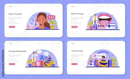 Speech therapist web banner or landing page set. Doctor diagnozing and treating