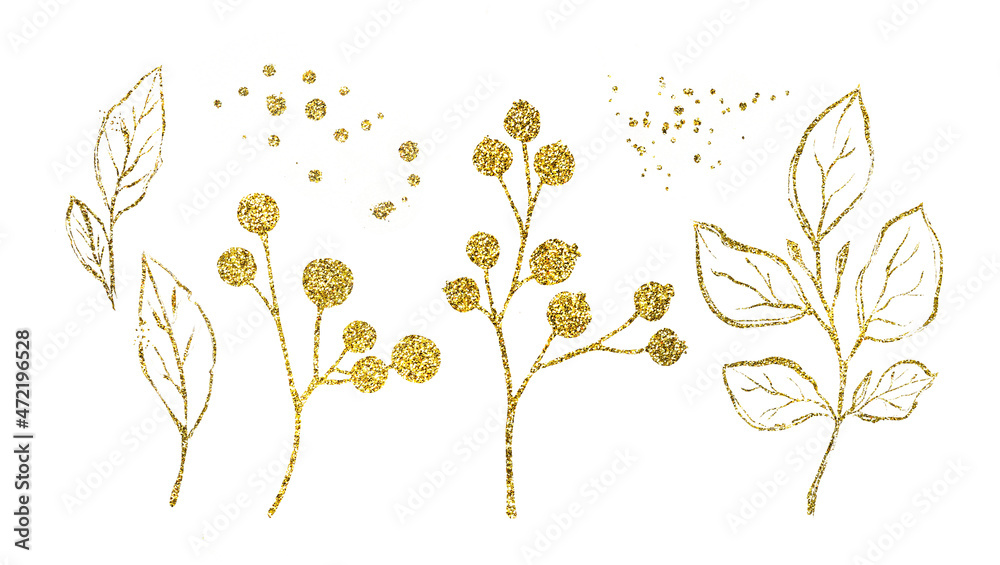 Golden glitter floral elements. Set of branches, leaves and berries in shiny foil. Botanical floral illustration for modern boho bouquets, wedding cards