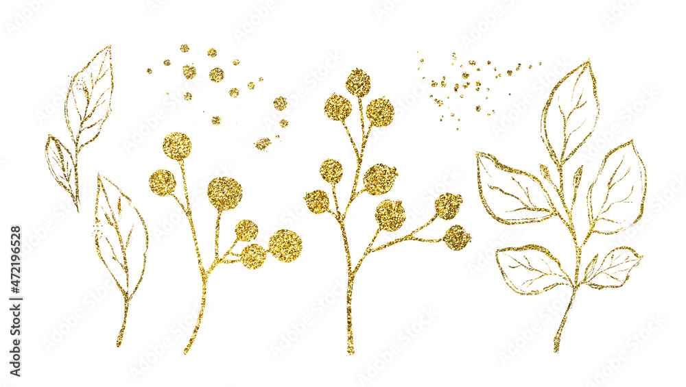 Golden glitter floral elements. Set of branches, leaves and berries in shiny foil. Botanical floral illustration for modern boho bouquets, wedding cards Golden glitter floral elements. Set of branches, leaves and berries in shiny foil. Botanical floral illustration for modern boho bouquets, wedding cards