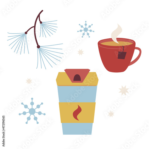 Thermo mug for hot drinks to go and Cup of tea or coffee. Tea bags and dishes for winter sport, walks, hikes and adventures. Flat simple vector illustration isolated on white background.