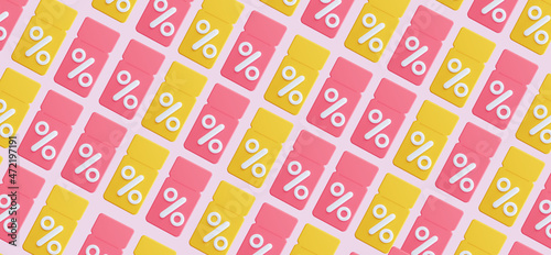 Bright 3D background of coupons. In pink and yellow tones. It can be used as a background for a website, flyers, and various sales