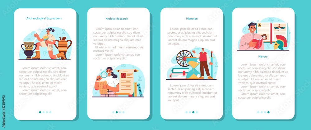 Historian mobile application banner set. History scientist or archaeologist. Historian mobile application banner set. History scientist or archaeologist.