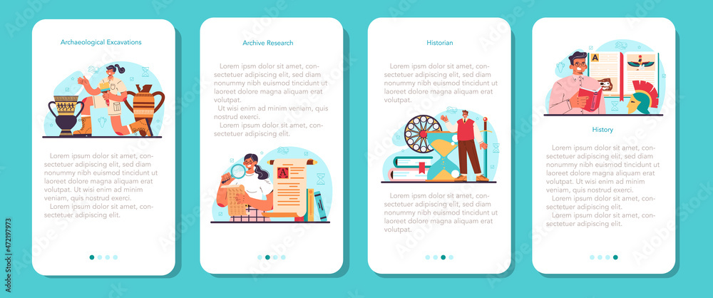 Historian mobile application banner set. History scientist or archaeologist.