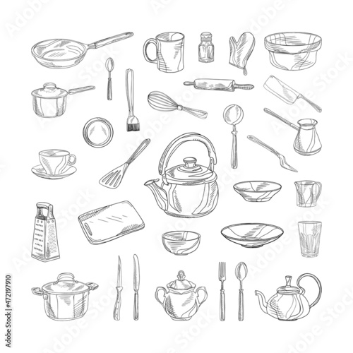 Collection of monochrome illustrations of kitchen accessories in sketch style. Hand drawings in art ink style. Black and white graphics.