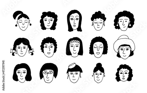 Set of people faces. Doodle style. Hand drawn vector illustration. Isolated portraits of women in black and white color. Cartoon character. Line Art.