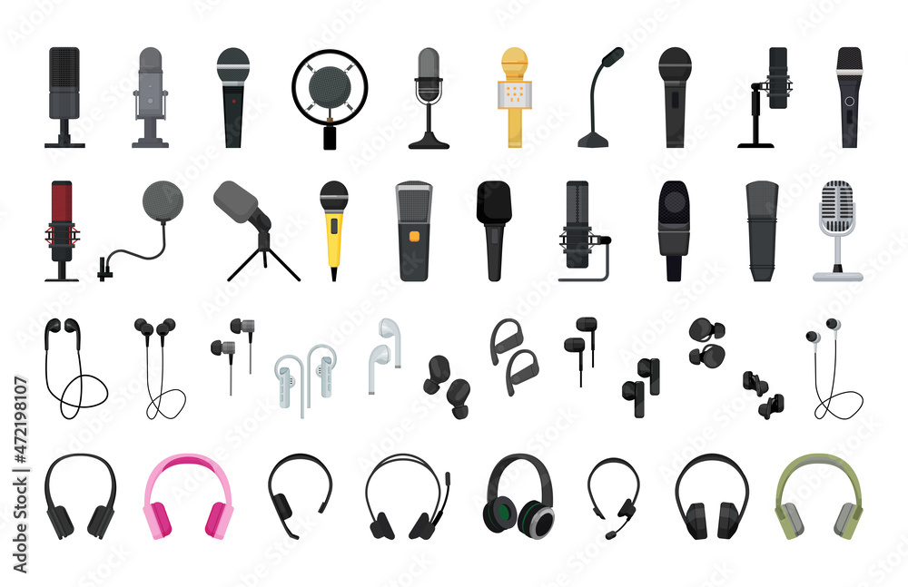 Vector collection of detailed microphones and headphones. Equipment for podcasts and recording studios.