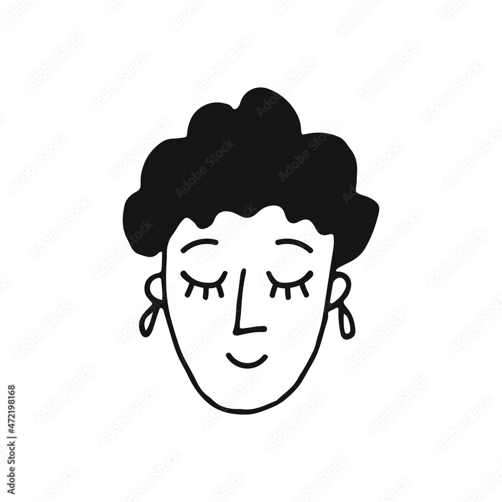 Portrait of a female face with earrings. Doodle style. Hand drawn vector illustration. Isolated portrait of woman in black and white color. Cartoon character. Line Art. Portrait of a female face with earrings. Doodle style. Hand drawn vector illustration. Isolated portrait of woman in black and white color. Cartoon character. Line Art.