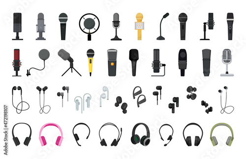 Vector collection of detailed microphones and headphones. Equipment for podcasts and recording studios. © Marina