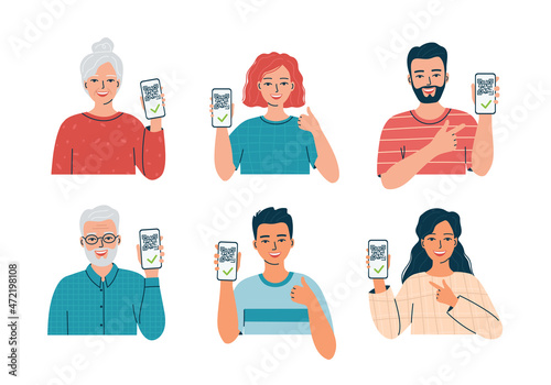 Young, adult, senior people show QR code of the Covid-19 coronavirus vaccine on the phone. Digital sanitary pass. Men and women with a confirmed vaccination certificate. Isolated vector illustration