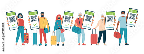 Young, adult, senior people with luggage, bags show QR code of the Covid-19 vaccine on the phone. Allowed to travel. Men and women with a confirmed vaccination certificate.Isolated vector illustration