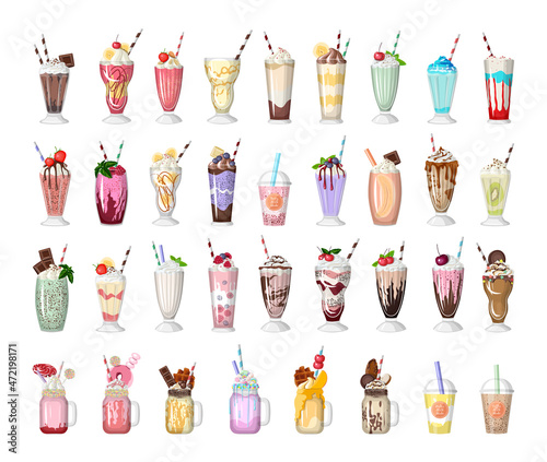 Collection of detailed realistic mouth-watering milkshakes. Sweet cocktails with fruits and berries.