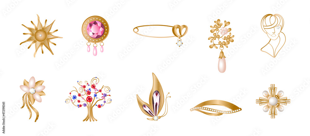 Set of realistic golden brooches. Jewelry with precious stones. - obrazy, fototapety, plakaty 
