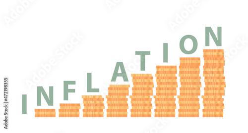 Inflation concept. Rising stacks of coins with rising word on it. Money value