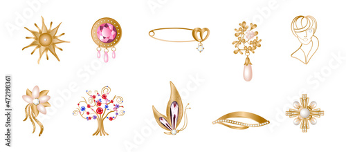 Foto Set of realistic golden brooches. Jewelry with precious stones.