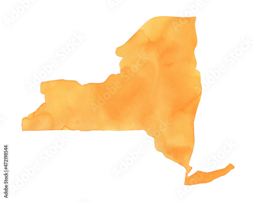 New York Map Silhouette in warm orange color with artistic brush strokes and stains. Handdrawn watercolor sketchy drawing on white, cut out clip art element for design, travel card, banner, template. photo
