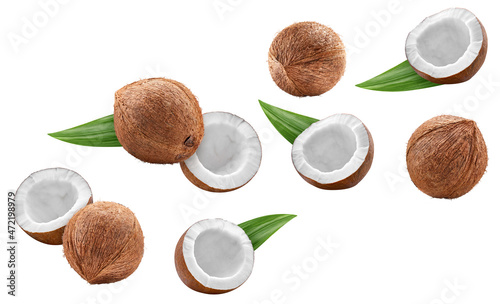 Flying coconute with green leaves isolated on white background photo