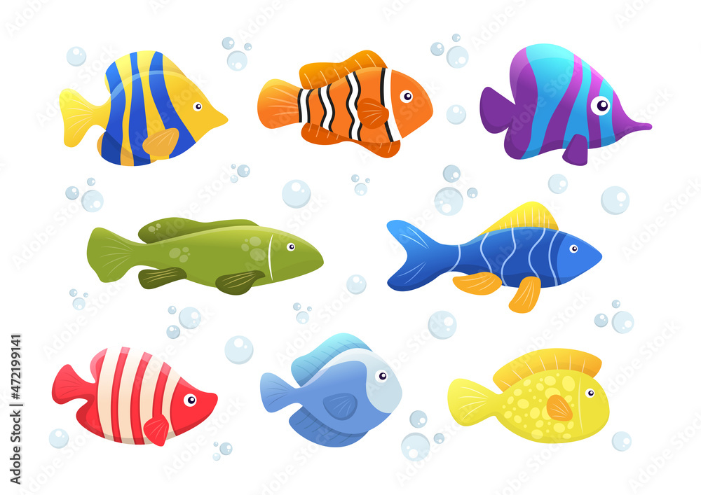 Illustration of a group of fish in bright colors Illustration of a group of fish in bright colors