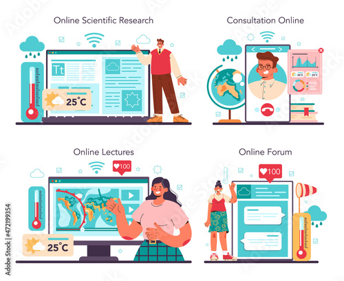 Meteorologist online service or platform set. Weather forecaster