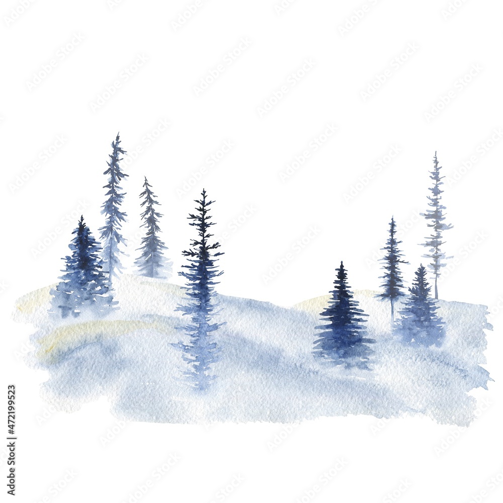 Watercolor christmas trees in snow. Watercolour winter season illustration.