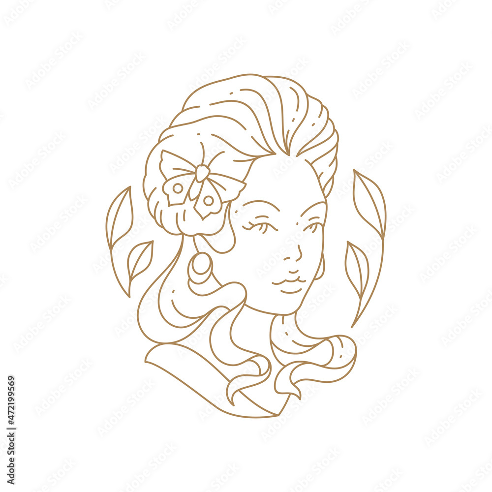 Fashion woman bust Greek antique goddess silhouette with decorative butterfly and branches hairstyle Fashion woman bust Greek antique goddess silhouette with decorative butterfly and branches hairstyle
