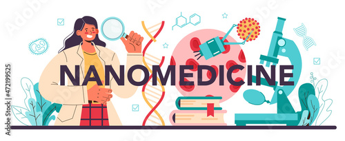 Nanomedicine web banner or landing page set. Scientists work