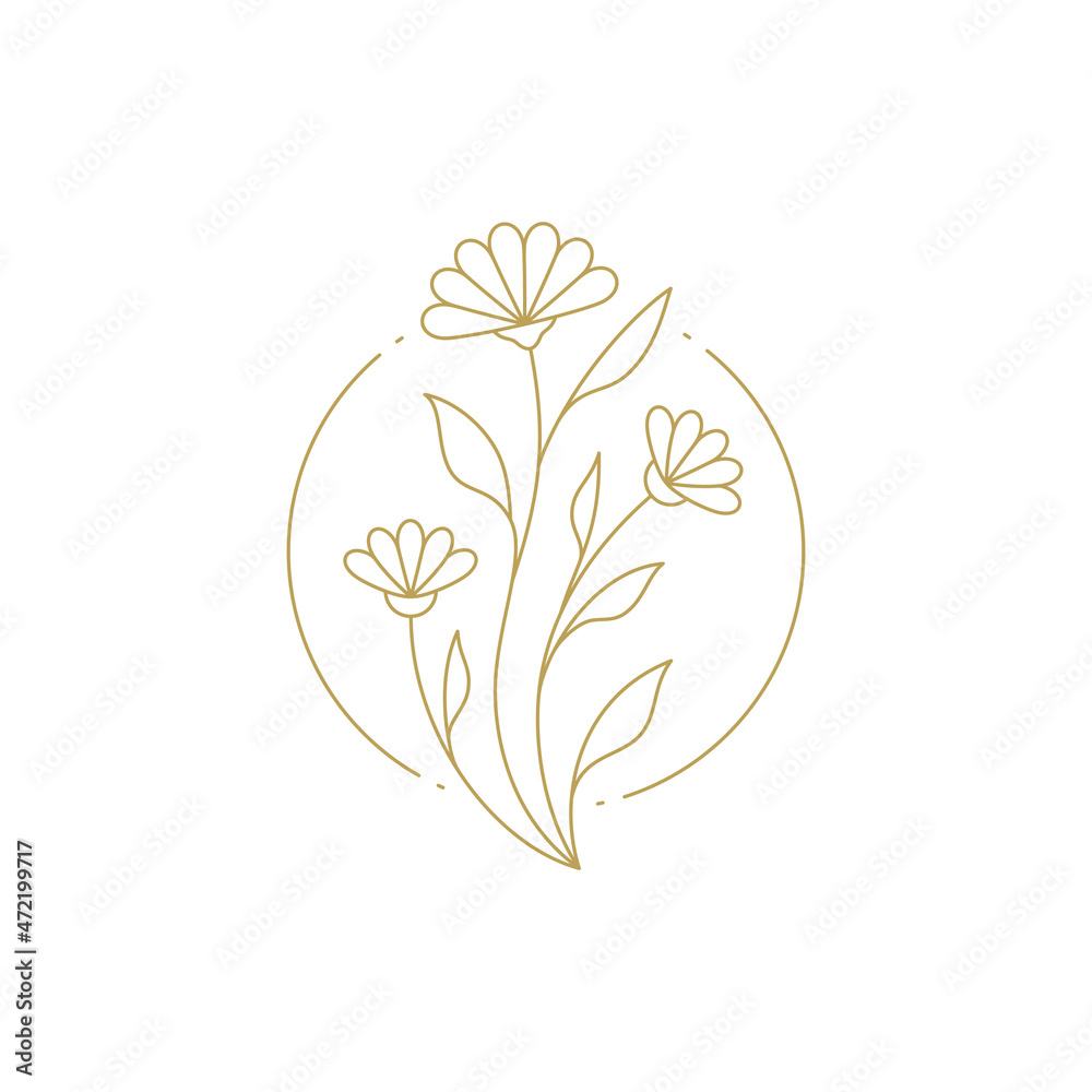 Elegant chamomile flower logo with circle frame monochrome line art vector illustration