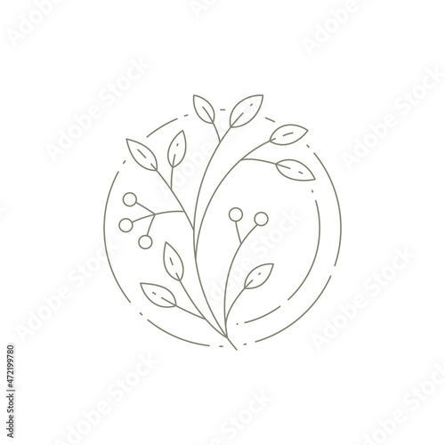 Monochrome simple tree twig with stem, leaves and berry at decorative circle frame line art logo