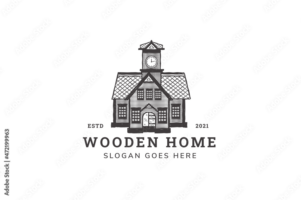 Wood house logo template design, eco friendly wooden home concept vector Illustration on a white background. monochrome retro style.