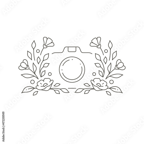 Linear feminine fashion photo camera for multimedia content create with botanical blossom vector