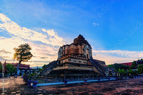 Chedi Luang Varavihara temple with ancient large pagoda is 700 years in Chiang Mai  Thailand.