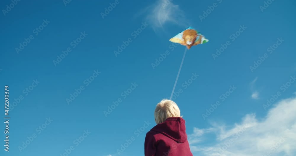 Rear view of happy baby boy child playing and flying kite outdoors at windy sunny day against the blue cloudy sky. Concept of carefree childhood kid playing with toy kite