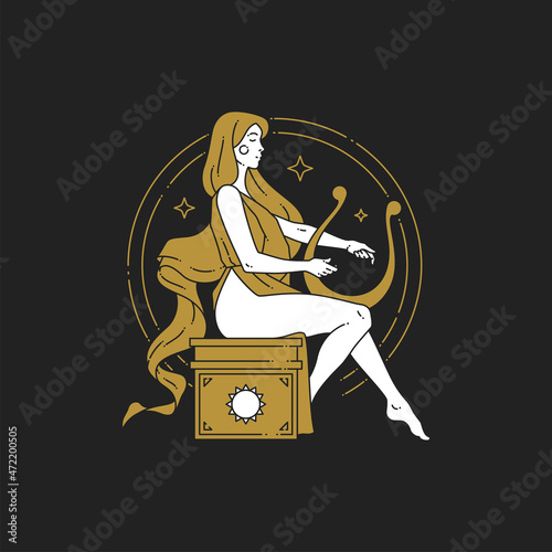 Antique elegant female Greek goddess playing harp with stars circle frame line art icon vector
