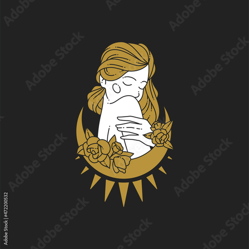 Elegant mythic young blonde woman long hair posing abstract roses thorns half moon line art logo