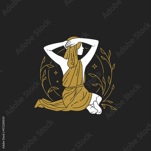 Female antique goddess in traditional Greek underwear sitting at circle blossom frame leaves icon
