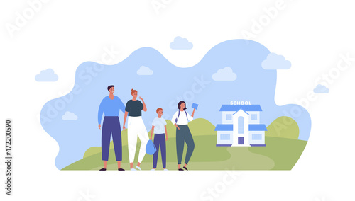Education and back to school concept. Vector flat people illustration. Male and female parent with boy and girl teenager kids with textbook and bag on building and sky background.