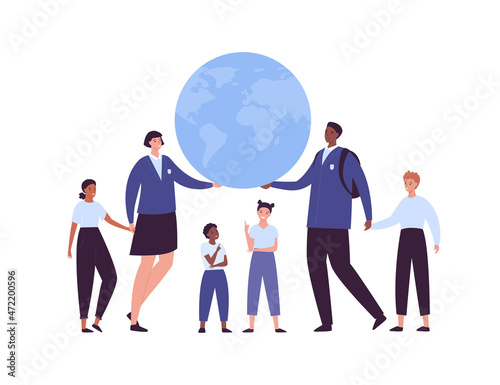 Education concept. Vector flat people illustration. Smiling male and female group of students in uniform with planet earth on background. Diverse character set. Design for abroad school program.