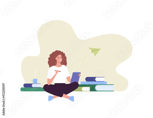 Education concept. Vector flat people illustration. Smiling woman sit and write in textbook with pile of book on background isolated on white. Design for online school, training course.